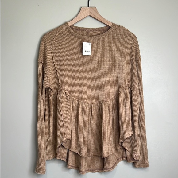 We the Free Waffle Knit Shirt Tan Peplum Knit Top XS - Picture 1 of 10